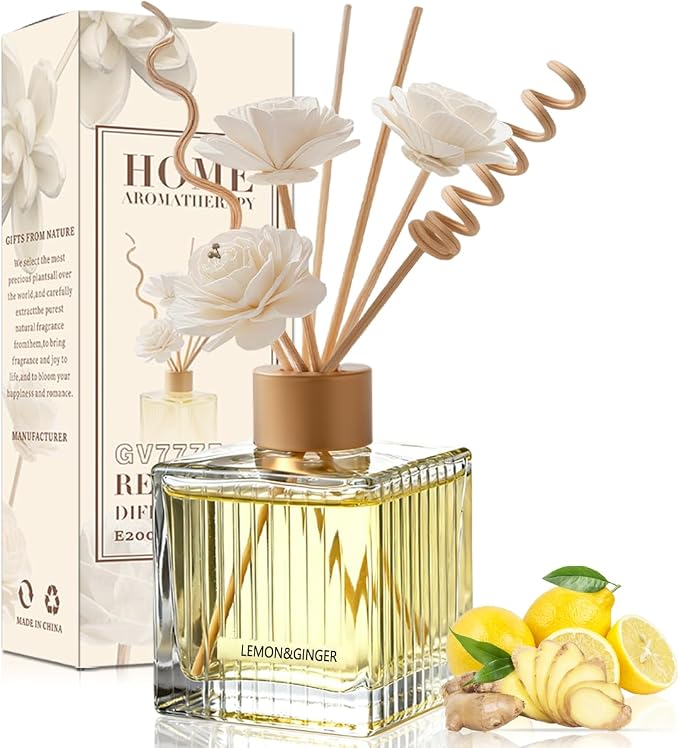 Lemon & Ginger Reed Diffuser - 6.7 oz Glass Bottle with 4 Rattan Sticks, 3 Dried Flowers | Adjustable, Long-Lasting Scent for Home, Bedroom, Living Room, Office, Bathroom | Aromatherapy Gift