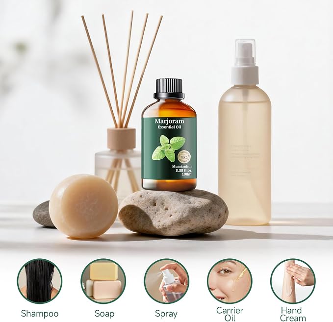 Marjoram Essential Oil, Pure Mumianhua Natural Herbaceous Oil for Bedroom Tranquility & Outdoor Protective Barrier, Aromatherapy for Evening Wind‑Down, Diffuser, Massage, Skin Care – 3.38 Fl Oz