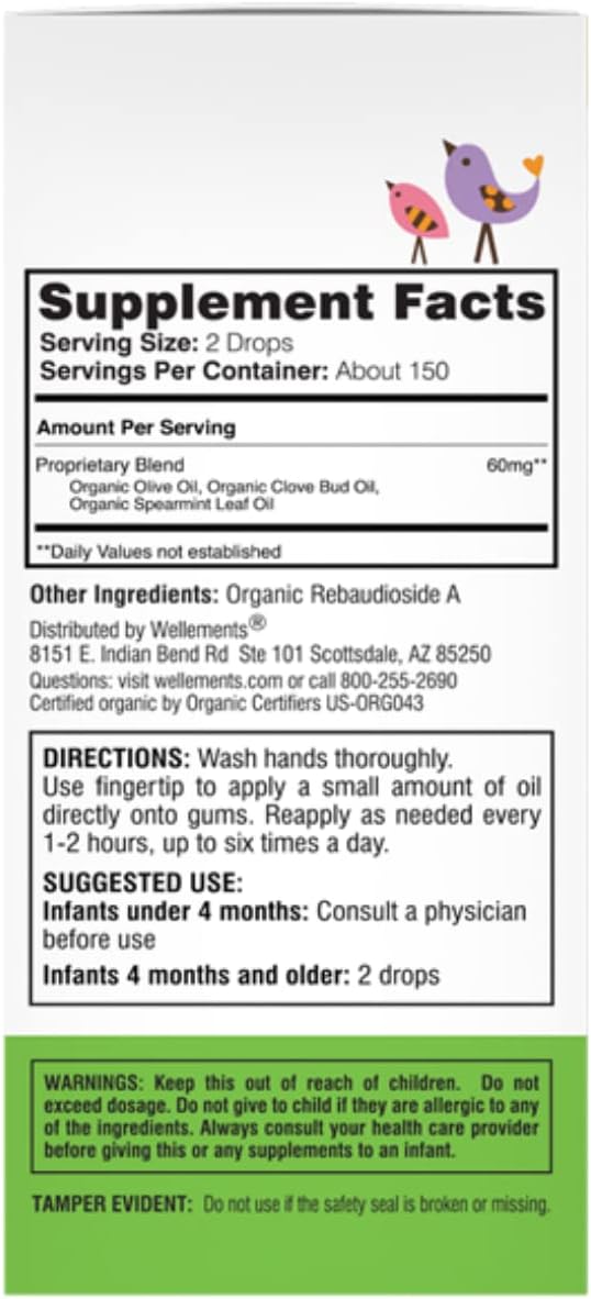 Wellements Organic Baby Tooth Oil | Soothing Massage Oil for Tiny Gums, Helps Make Teething Happy, Made with Safe and Effective Certified Organic Ingredients | 0.5 Fl Oz. 4 Months +