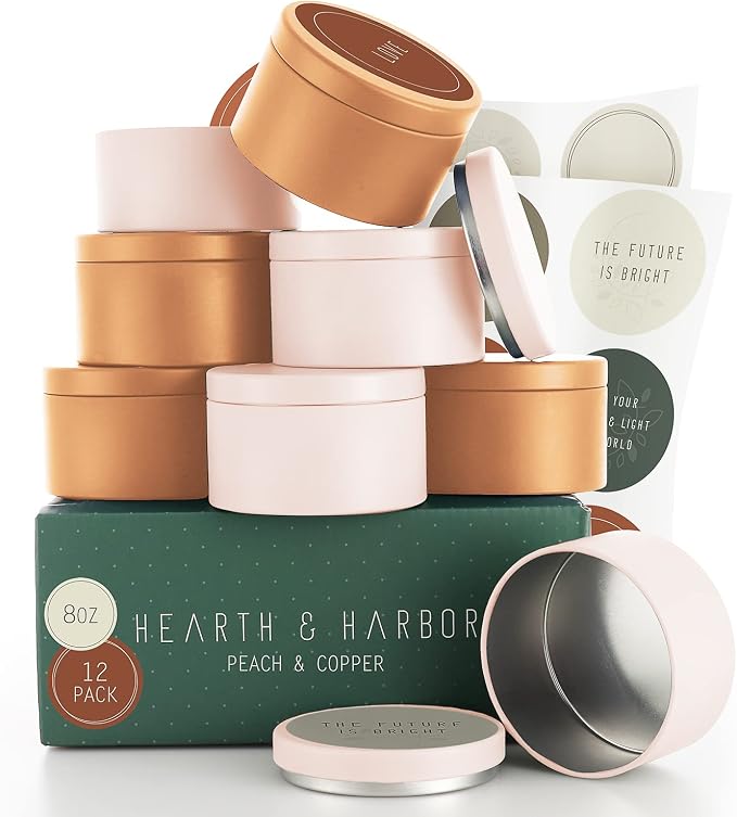 Hearth & Harbor Tin Candle Jars for Making Candles - DIY Candle Containers with Lids - Metal Candle Jars - Bulk Tins Storage for Candle - (12 Pieces) - (8 Ounces) - Solid Peach and Copper
