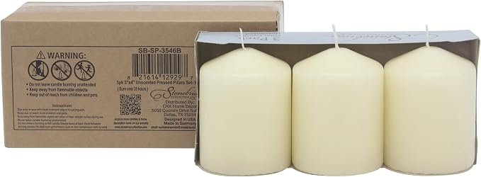Stonebriar Unscented Pillar Candles – 35 Hour Burn Time, Long-Lasting Wax Candles for Weddings, Holidays, Home Décor & Special Events, Pack of 3, Ivory, 3" x 4"