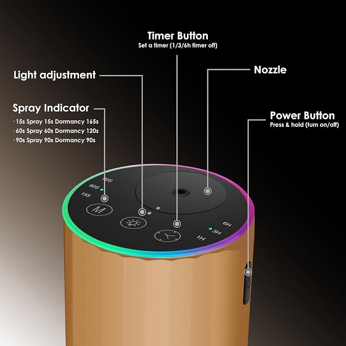 Waterless Essential Oil Diffuser, 7 Colors LED Light, Battery Powered Mini Scent Air Machine, Aromatherapy Mist Diffuser for Home Room Car Office，Black Aluminum Alloy (Gold-LED)