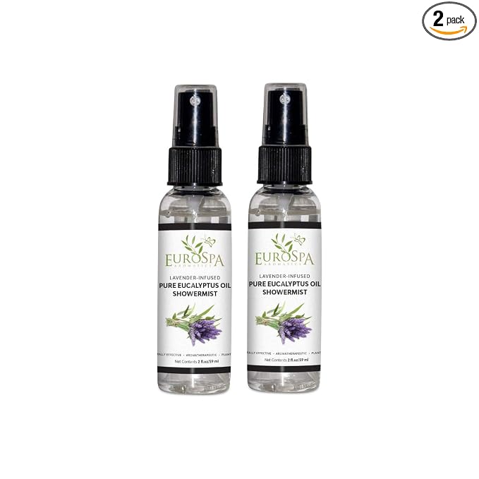 EuroSpa Aromatics Pure Eucalyptus Oil ShowerMist and Steam Room Spray, All-Natural Premium Aromatherapy Essential Oils - Lavender Infused, 2oz, 2 Pack