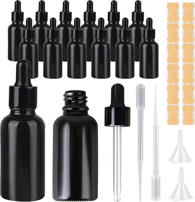1 oz Dropper Bottles for Essential Oils，12Pack 30ML Glass Bottles with Glass Eye Dropper Leak Proof Travel Dispenser Bottle for Essential Oils,tincture, Aromatherapy, Chemistry Lab Chemicals (Black)
