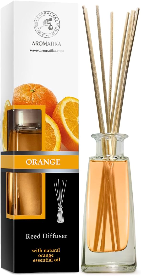 Orange Diffuser w/Orange Oil 3.4 Fl Oz - Fresh Room - Long Lasting Fragrance - Scented Reed Diffuser Orange - Diffuser Gift Set - for Aromatherapy - Home - Orange Essential Oil Diffuser by AROMATIKA