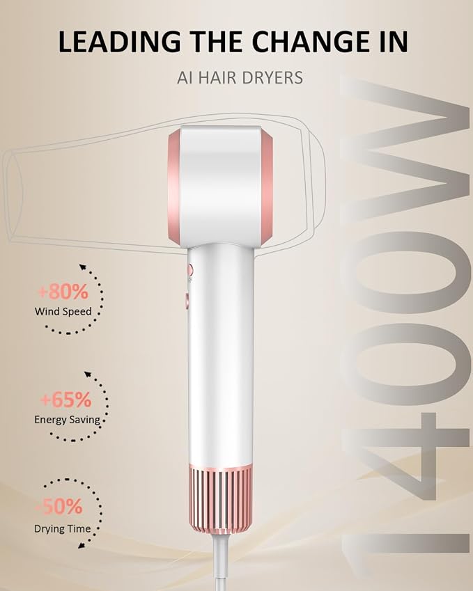 Hair Dryer - Smart 160000 RPM High-Speed Brushless Motor Plasma Ion AI Blow Dryer with Diffuser for Fast Drying, Professonal 4Temp/3Speed Thermo-Control Lightweight AI Hairdryer for Women Men Travel
