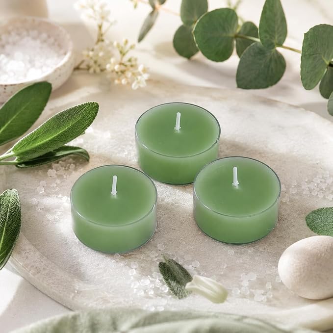 Sea Salt & Sage Scented Tealight Candles, Blue Scent Tea Lights Candles Clear Cup, 24 Pack Colored Tealights Candle, 6 Hour Burn Time Tea Candles for Party, Decor, Spa, Shabbat