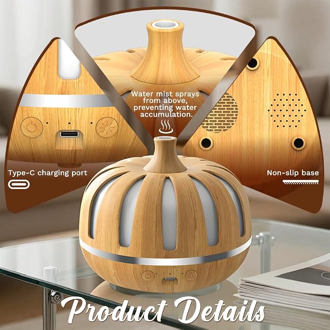 Essential Oil Diffuser 300ml for Home Bedroom, Aromatherapy Oil Diffuser with 3H 6H Timer, 7 Color Light, USB Type-C, Pumpkin Design, Auto Shut-Off(Light Woodgrain, Pumpkin)