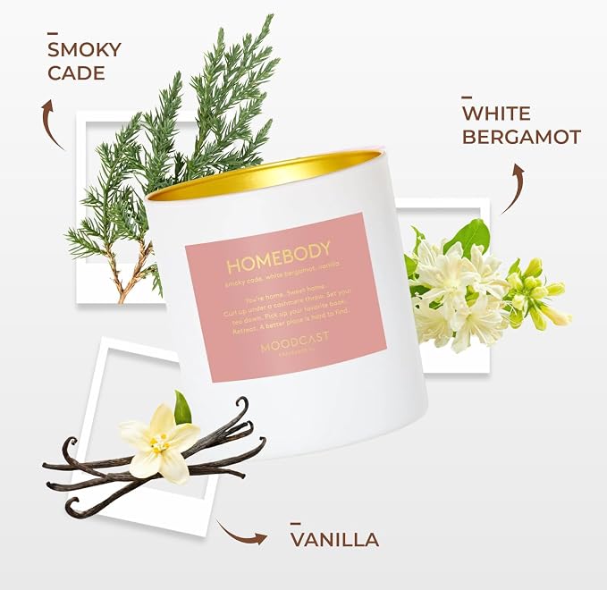 Moodcast Homebody Scented Candle - Aesthetic Candle for Home, Vanilla, White Bergamot & Smoky Cade, Clean Coco Wax Blend, Vegan, Paraben Free, 45-Hour Long Lasting Burn - 8oz
