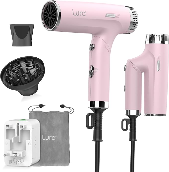 LURA Auto Dual Voltage Hair Dryer for International Travel,Travel HairDryers with Difffuser,Small Portable Blow Dryer for Women Lightweight,Compact Mini Blowdryers with Folding Hand for Kids(Pink)