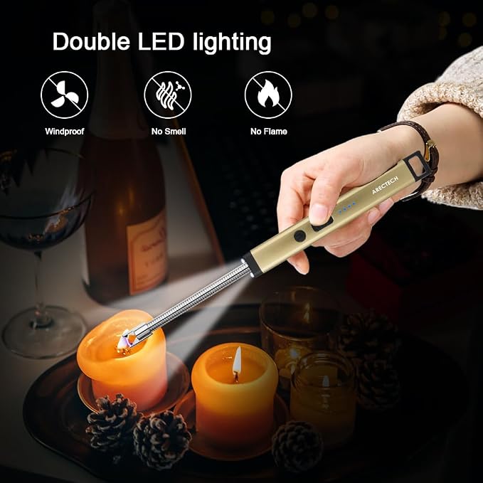 ARECTECH Candle Electric Lighter Rechargeable USB Arc Lighter for Candle Camping Fireworks Christmas Birthday Gifts with LED Light for Men Women Gold