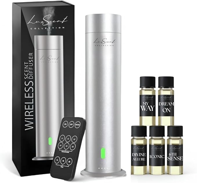 Wireless Aroma Diffuser Scent Oil - Home Luxury Portable Scent Diffuser - Remote Control Waterless Diffuser - 1000 sq. ft Coverage - Essential Oil 20ml Sample Pack Included - Aromatherapy (Silver)