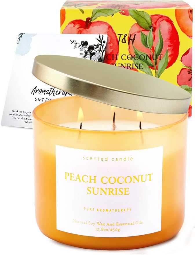 Peach Coconut Sunrise 3-Wick Soy Candle | 15.8 oz Large Aromatherapy Candle for Home | Clean Burn Long Lasting | Tropical Fruit Scent | Gift Ready
