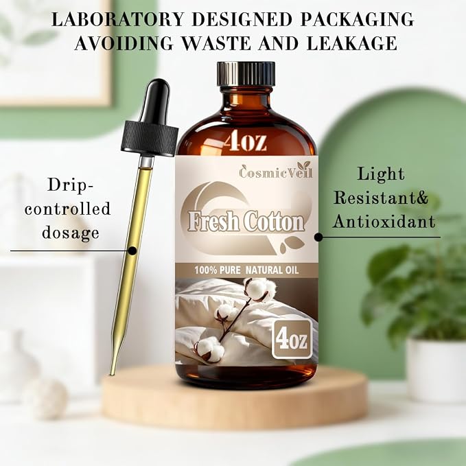 Fresh Cotton Essential Oil for Aroma Diffuser,Humidifier,Home Fragrance,Cleaning,Body Care,Massage,Yoga,DIY Candle,DIY Soap CosmicVeil（Fresh Cotton，4 Fl Oz (Pack of 1)）