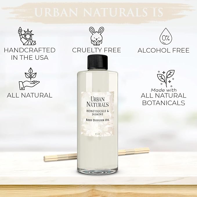 Urban Naturals Reed Diffuser Oil Refill Honeysuckle Jasmine with Hyacinth, Cassis, Neroli, Rose, Iris, Lily of the Valley 8 oz + Free Reed Sticks, Made in the USA