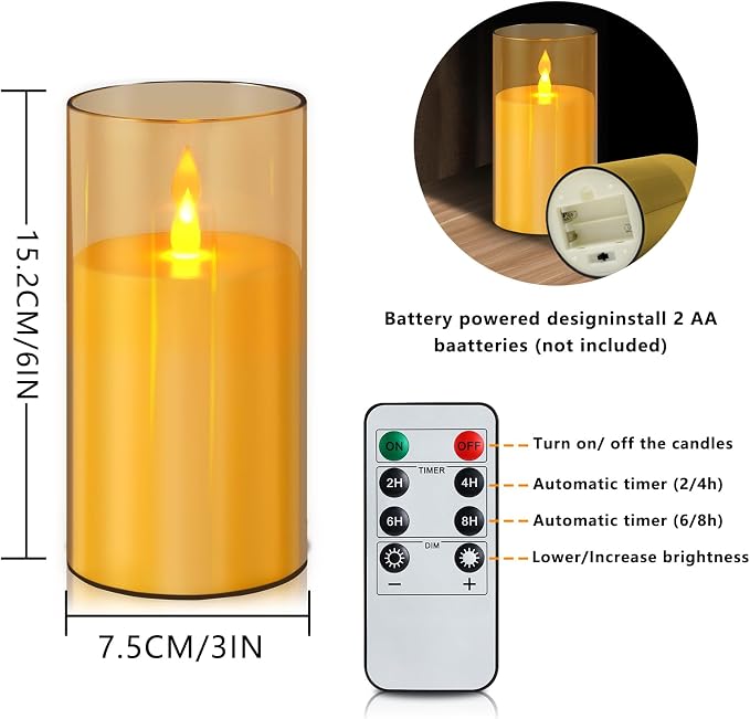 wemarry Flameless Candles Acrylic Glass Pillars 3" D x 6" H Battery Operated Flickering Candles Include 8-Key Remote with Timer Function 400+ Hours (Amber, Warm Light 2 Pack)