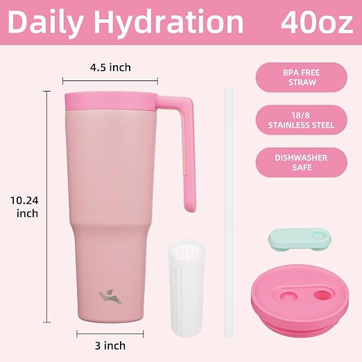 Konokyo Insulated Tumbler with Handle and Straw,40 OZ Vacuum Stainless Steel Water Bottle Travel Mug Metal Cup with Fruit Diffuser,Pink