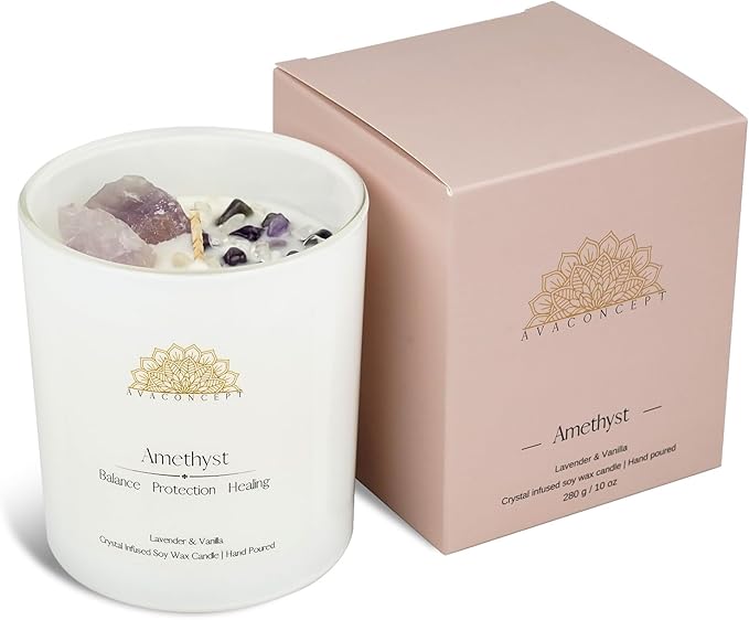 AvaConcept Amethyst Crystal Candle – 10oz / 280g | Lavender & Vanilla Aromatherapy | Hand-Poured Soy Wax | Genuine Healing Crystals Embedded | Balance, Protection & Healing | Pink Gift Box Included