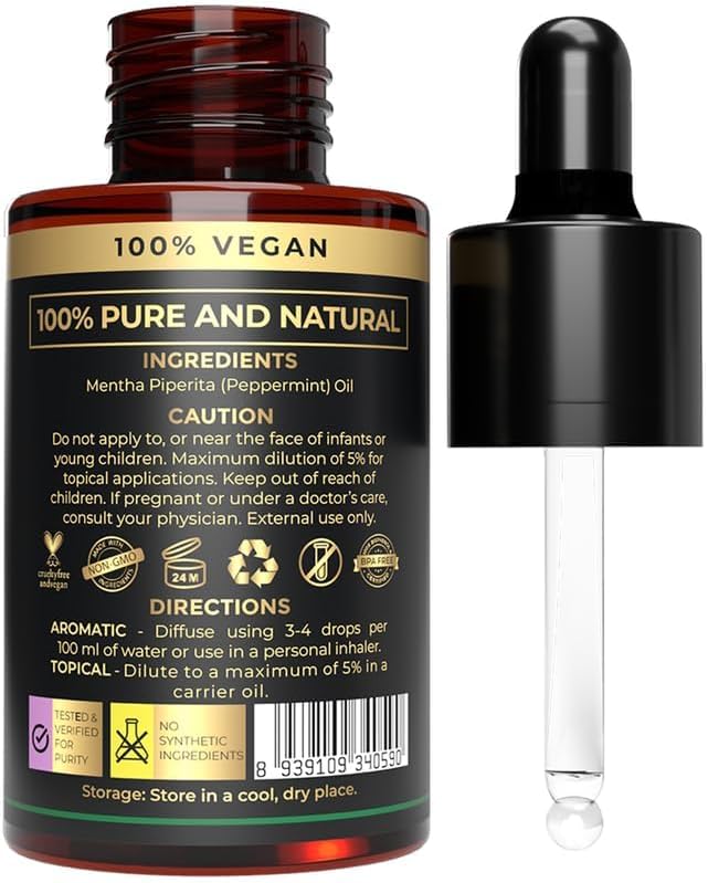 Plant Based Peppermint Essential Oil - 100% Pure Peppermint Oil for Hair, Skin and Aromatherapy - Perfect for Relaxation & Concentration - Non-GMO, Multipurpose Use