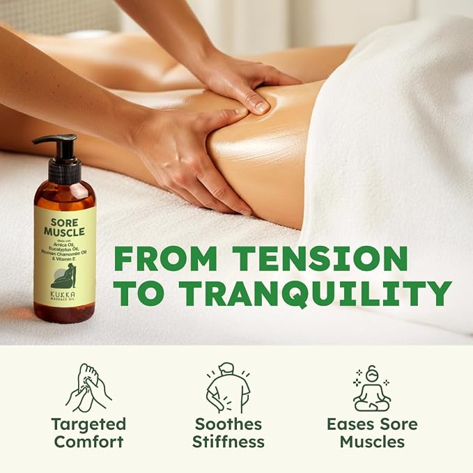 Kukka Sore Muscle Massage Oil for Fast-Absorbing Massage - 6.76 Fl Oz - Made with Arnica Oil, Eucalyptus, Roman Chamomile - for Sore Body & Stiff Muscles - Multipurpose for All Skin Types