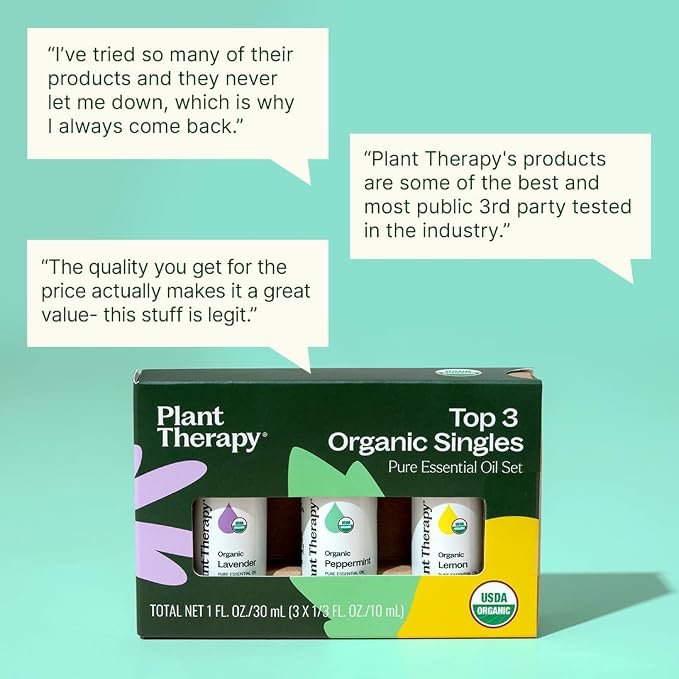 Plant Therapy Top 3 Organic Essential Oil Singles Set 10 mL (1/3 oz) Lemon, Lavender & Peppermint 100% Pure Essential Oils, Undiluted, Natural Aromatherapy for Diffusion and Body Care