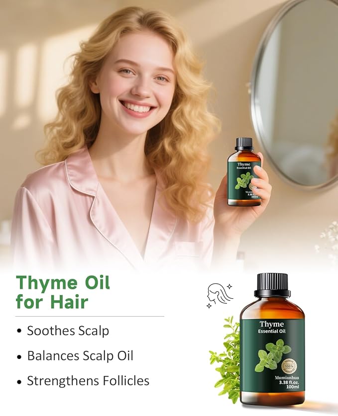 Thyme Essential Oil, Pure Mumianhua Natural Outdoor Shield & Barrier Spray, Herbaceous Aroma for Patio, Garden, Camping, Air Purifying Diffuser, Skin & Hair – 3.38 Fl Oz