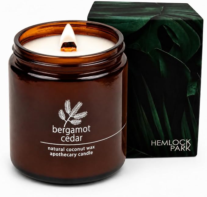 Hemlock Park Bergamot Cedar Apothecary Scented Candle | Crackling Wood Wick, Botanical Fragrance & Coconut Apricot Wax | Up to 80 Hour Burn Time | 16 oz | Made in USA