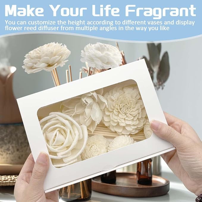 Flower Diffuser Sola Wood Flowers Natural Material Aromatherapy Reed Decorative Aromatherapy Flower Refill Diffuser Reeds, 7Pcs Flower, 10 Pcs Diffuser Rattan