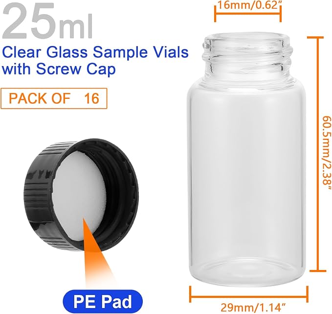 Kesell 25ml Glass Vial with Screw Cap, Clear Sample Bottle for Storage and Travel, Pack of 16