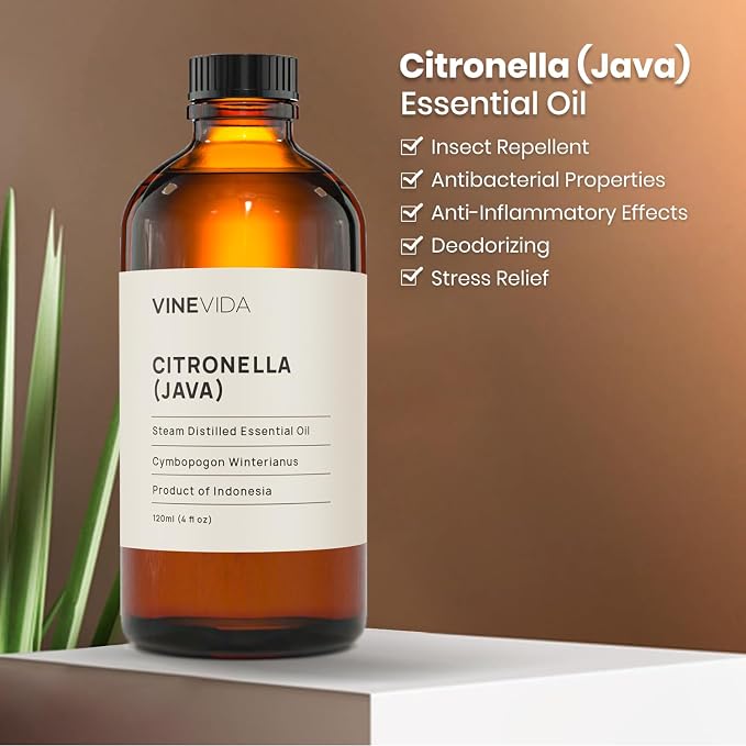 VINEVIDA Citronella Java Essential Oil 4 oz - Undiluted Citronella Oil 4 oz - Citronella Candle Oil Scent - DIY Candle Scents for Candlemaking - Bulk Essential Oil for Soap Making