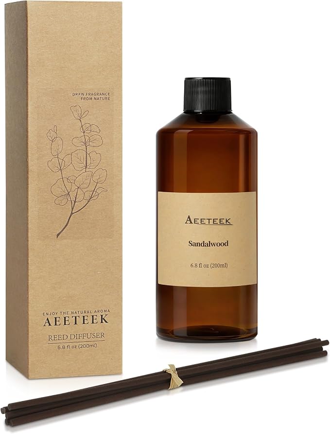 Reed Diffuser, Sandalwood Essential Oil Refill with Diffuser Sticks, 6.8 Fl Oz (200ml) Woody Scented Diffusers, Long-Lasting Fragrance for Home Decor