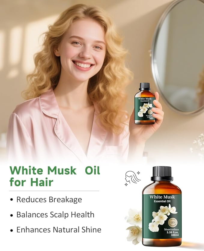 White Musk Essential Oil, Pure White Musk Oil Mumianhua Aromatherapy White Musk Fragrance Oil for Diffuser, Skin & Body Care, Women & Men, Natural Perfume & Candle Making 3.38 Fl Oz