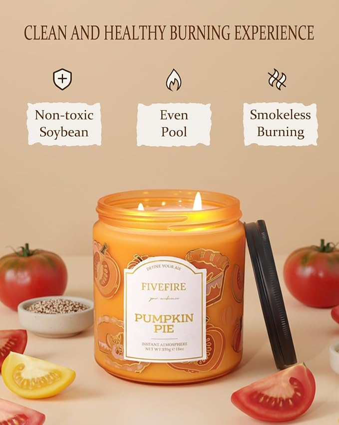 Pumpkin Pie Scented Candles for Autumn Home, 13oz Natural Soy Wax 2-Wick Jar, Up to 76-Hour Clean Burn, Warm Spiced Pumpkin Home Fragrance, Gift for Women Men