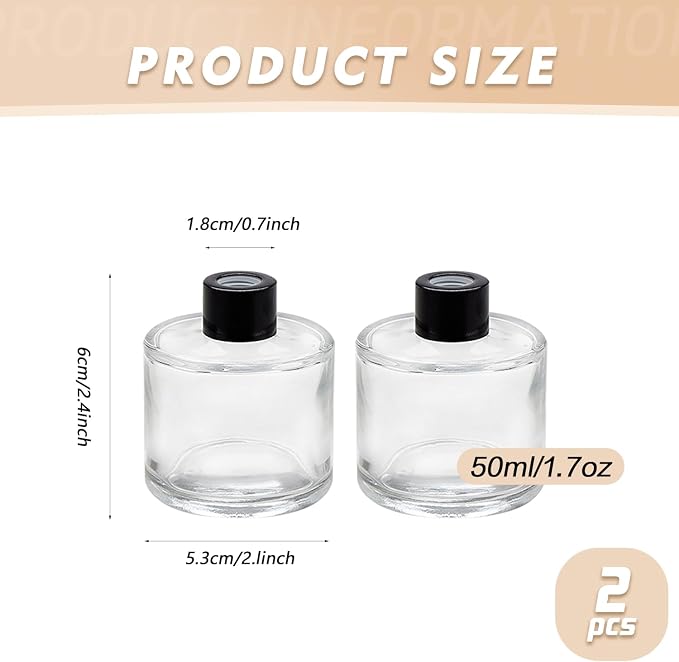 ericotry 2PCS Empty Clear Glass Essential Oils Diffuser Bottles with Black Caps Fragrance Accessories Use for DIY Replacement Reed Diffuser Sticks Sets Home Fragrance & Decoration (50ml/1.7oz)