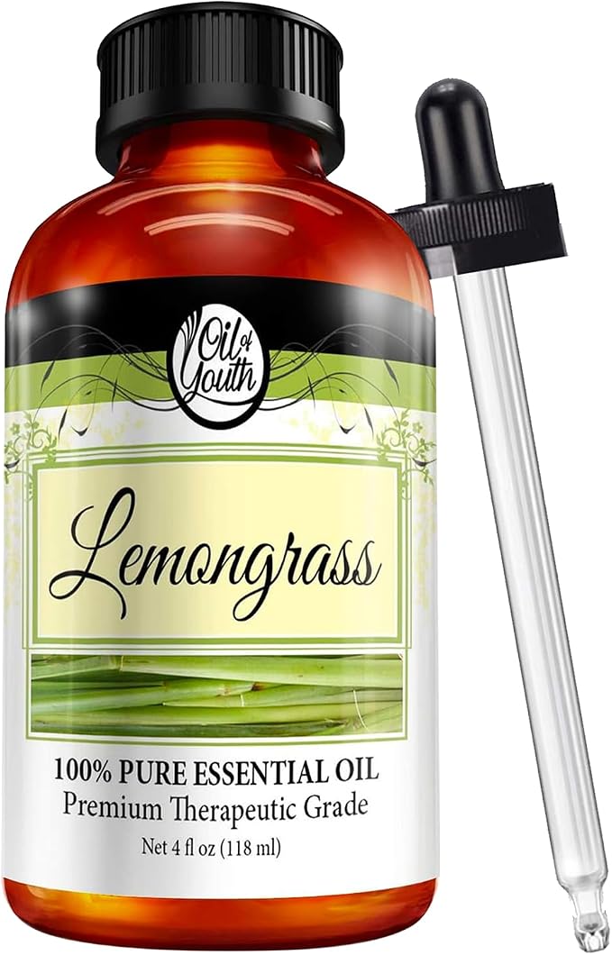 Oil of Youth Therapeutic Grade Lemongrass Essential Oil 4 fl oz with Dropper for Diffuser, Hair, Skin, and Aromatherapy