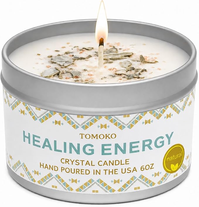 White Sage Candle, Sage Leaf, Himalayan Crystal Salt & Essential Oil, Healing Energy, Crystal Candle