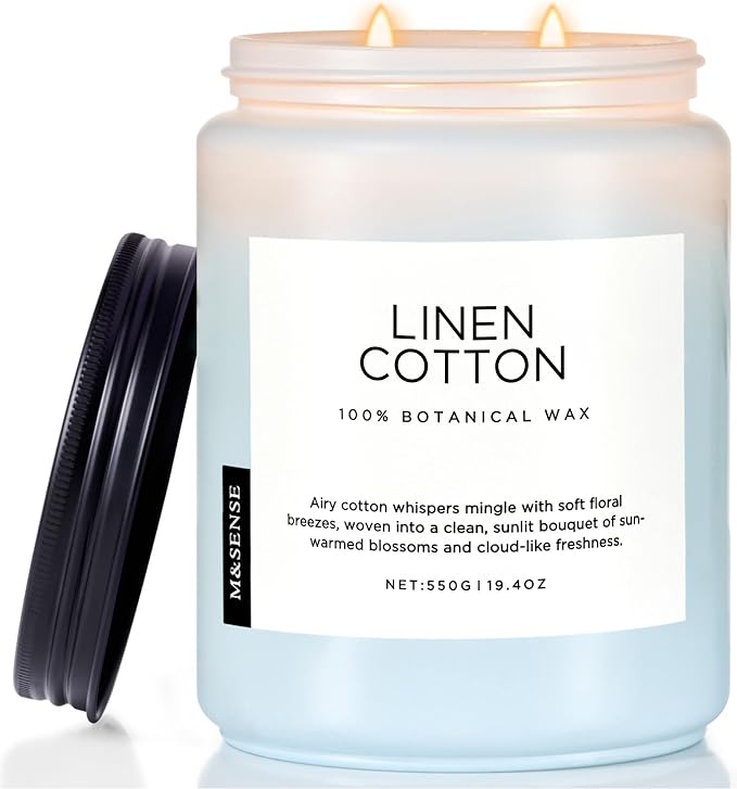 M&SENSE Fresh & Linen Cotton Scented Candles for Home, 19.4oz Natural Soy Wax, 110-Hour Long Lasting, Non Toxic Clean Cotton Scent for Laundry Day, Aromatherapy Home Fragrance Gifts for Family