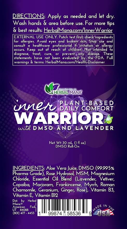 Herbal Mana Lavender DMSO Roll-On | Lavender Essential Oil Massage & Skin Conditioning Roller | Fast-Drying, Non-Greasy | Inner Warrior | 1 fl oz (30 mL)