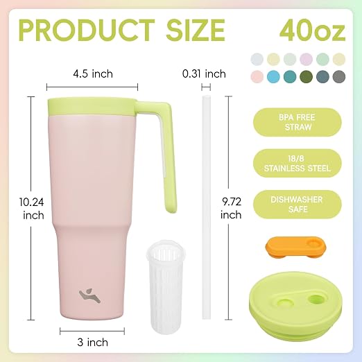 Konokyo 12 Pack 40 Oz Tumblers with Handle and Straw, Bulk Vacuum Insulated Stainless Steel Travel Mugs with Lids for Office, Events and Group Orders Cherry