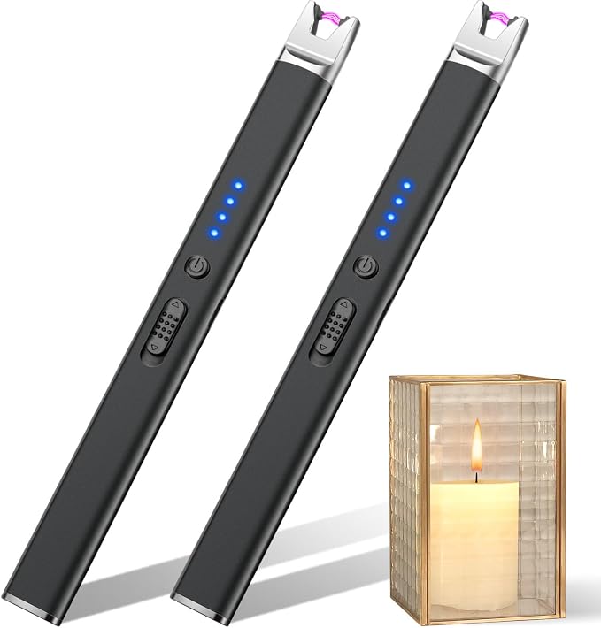 LcFun 2 Pack Black Candle Lighter Electric USB Rechargeable Plasma Arc Lighter with Safety Lock, Windproof Flameless Long Lighters for Candle, Grill, BBQ, Camping, Gas Stoves