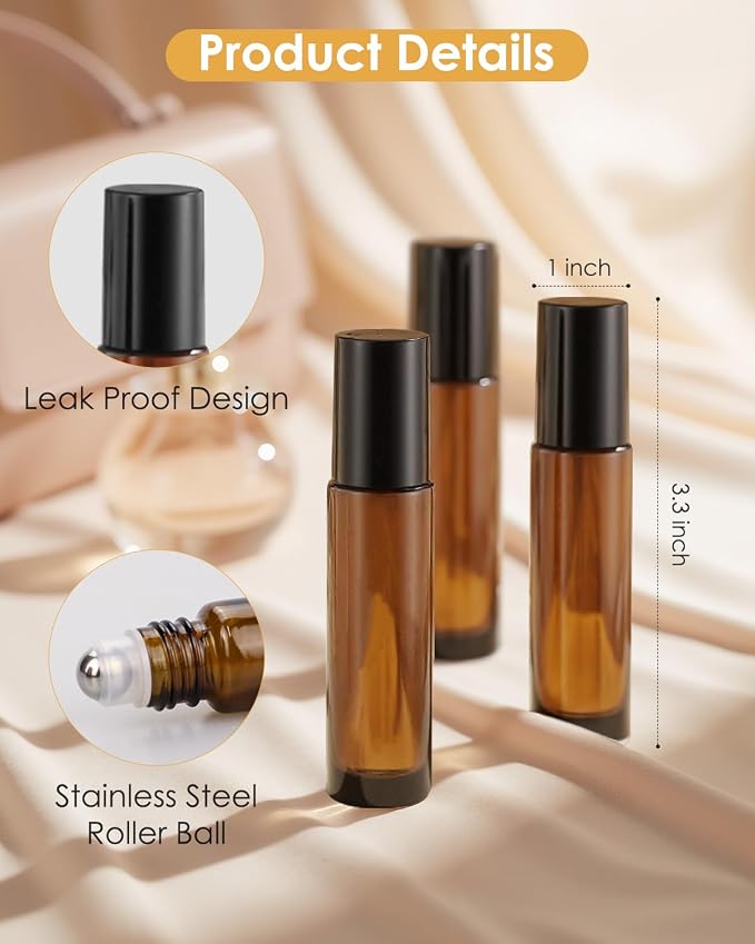 Worldgsb 25 Pack Essential Oil Roller Bottles, 10ml Refillable Amber Glass Roller Bottles with Stainless Steel Roller Balls and Caps for Travel, Perfume and Lip Gloss