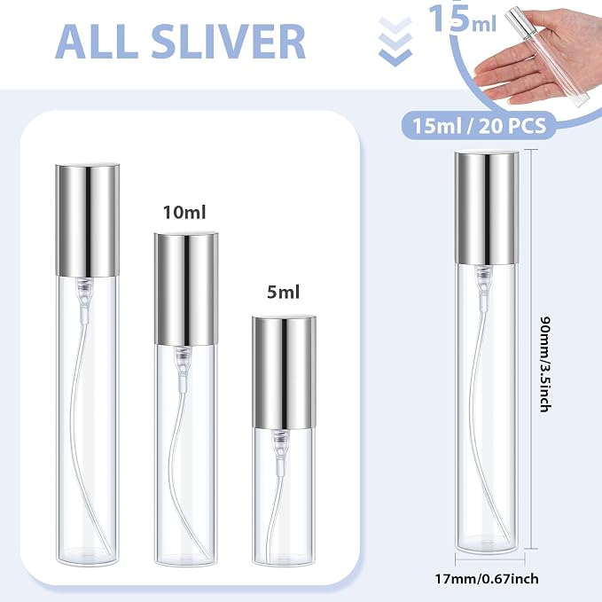 Yinder 25 Pcs 15ml Travel Spray Bottle Refillable Perfume Atomizer Bulk Glass Mini Cologne Perfume Bottles Empty Fine Mist Portable Small Sample Containers(Silver)