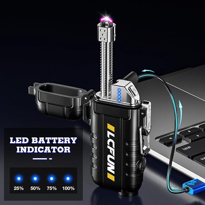 LcFun USB C Rechargeable Electric Lighter, Waterproof Plasma Lighters with LED Battery Display, Windproof Long Arc Lighters for Candle, Camping, Hiking, Outdoor Survival Gadgets for Men