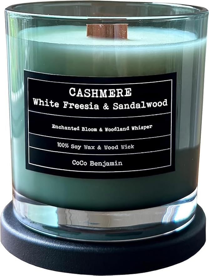 100% Soy, Highly Scented, Hand Poured Soy Candle (Cashmere, White Freesia, Sandalwood (Wooden Wick))