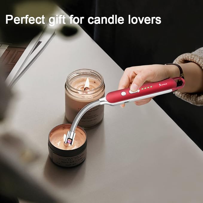 SUPRUS Electric Rechargeable Arc Lighter with LED Battery Display Long Flexible Neck USB Lighter for Candle Cooking (Red, 3Packs)