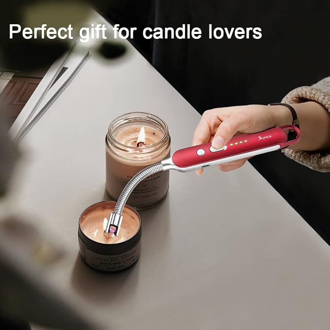 SUPRUS Electric Rechargeable Arc Lighter with LED Battery Display Long Flexible Neck USB Lighter for Candle Cooking (Red)