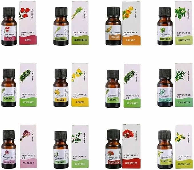 Premium 12-Bottle Aromatherapy Essential Oil Set -Therapeutic, Relaxation, Wellness, Diffuser, Massage & DIY Chamomile, Rosemary, Peppermint, Rose, Tea Tree, Eucalyptus, Geranium, Ylang Ylang