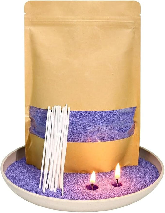 1.1LB Lavender Scented Candle Sand with Wicks, Candle Wax for DIY Candles Making, Refillable Beaded Wax Non-Toxic Sand Beaded Waxs Customized Making for Home Decoration Wedding Party
