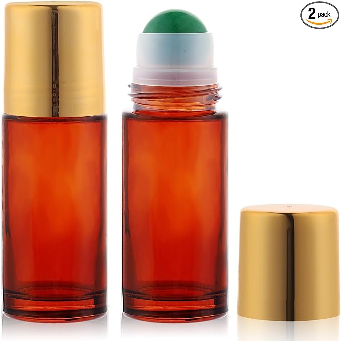2 pack 1.7oz Large Amber Glass Roll on Bottles for Essential Oils Perfume Refillable Roller Ball Applicator Empty Deodorant Containers with Green Crystal Rollerball