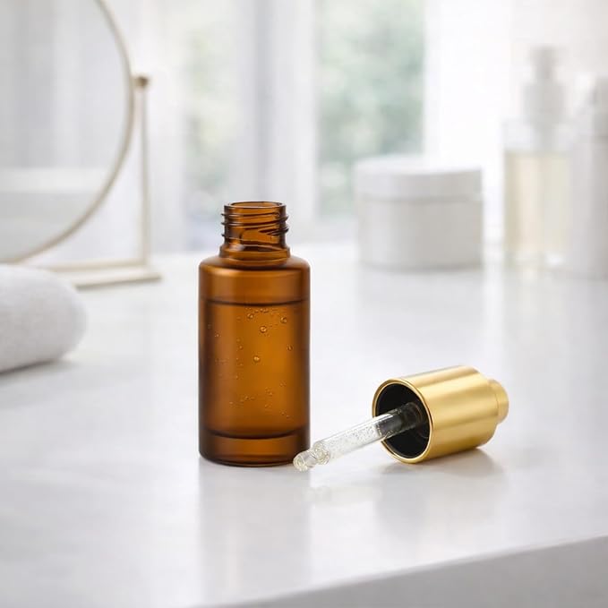 4Packs 30ml/1Oz Amber Glass Pump Dropper Bottles Refillable Skincare Serum Containers with Gold Press Pump Glass DropperPump For Essential Oils, Face Serum, Cosmetics, DIY Beauty, Travel